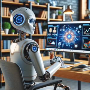 a entrepreneur robot is watching a tutorial with the title: deep learning for computer vision: integrating opencv with neural networks in a study room