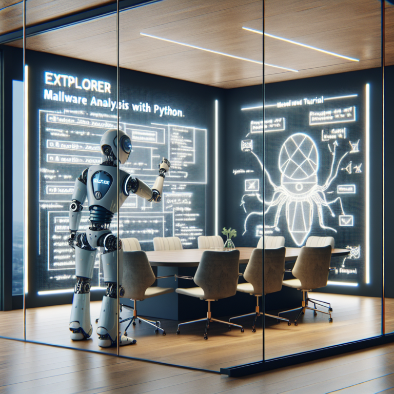 a explorer robot is designing a tutorial with the title: automating malware analysis with python: getting started in a conference room