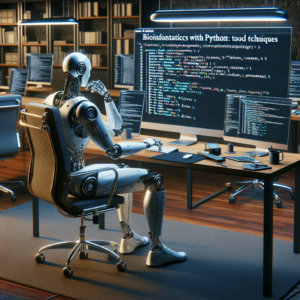 a explorer robot is designing a tutorial with the title: bioinformatics with python: tools and techniques in a office