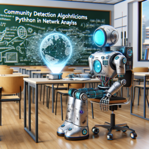 a explorer robot is designing a tutorial with the title: community detection algorithms with python in network analysis in a class