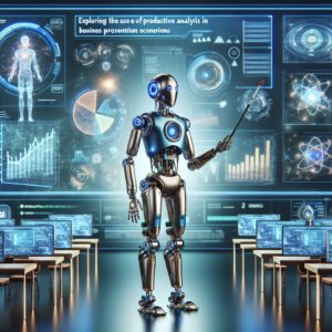a explorer robot is designing a tutorial with the title: exploring the use of predictive analytics in business presentation scenarios in a class
