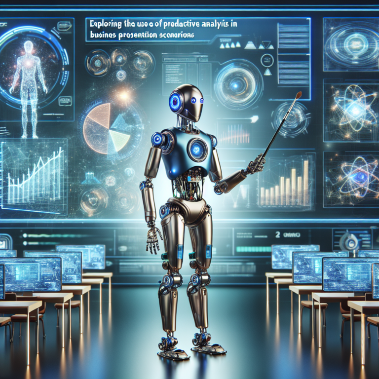a explorer robot is designing a tutorial with the title: exploring the use of predictive analytics in business presentation scenarios in a class