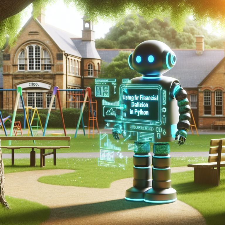 a explorer robot is designing a tutorial with the title: using apis for financial data collection in python in a schoolyard