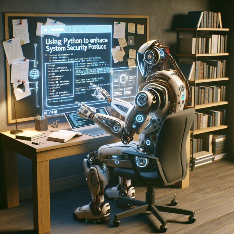 a explorer robot is designing a tutorial with the title: using python to enhance system security posture in a study room