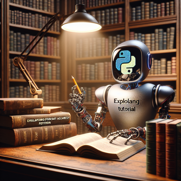a explorer robot is developing a tutorial with the title: evaluating forecast accuracy with python: metrics and methods in a library