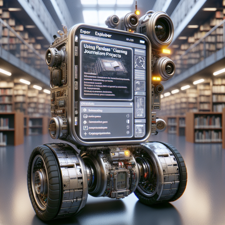 a explorer robot is developing a tutorial with the title: using pandas for data cleaning in journalism projects in a library