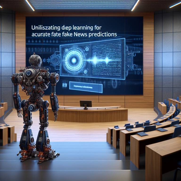 a explorer robot is following a tutorial with the title: utilizing deep learning for more accurate fake news predictions in a lecture hall