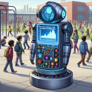 a explorer robot is implementing a tutorial with the title: time series analysis and visualization using pandas and matplotlib in a schoolyard