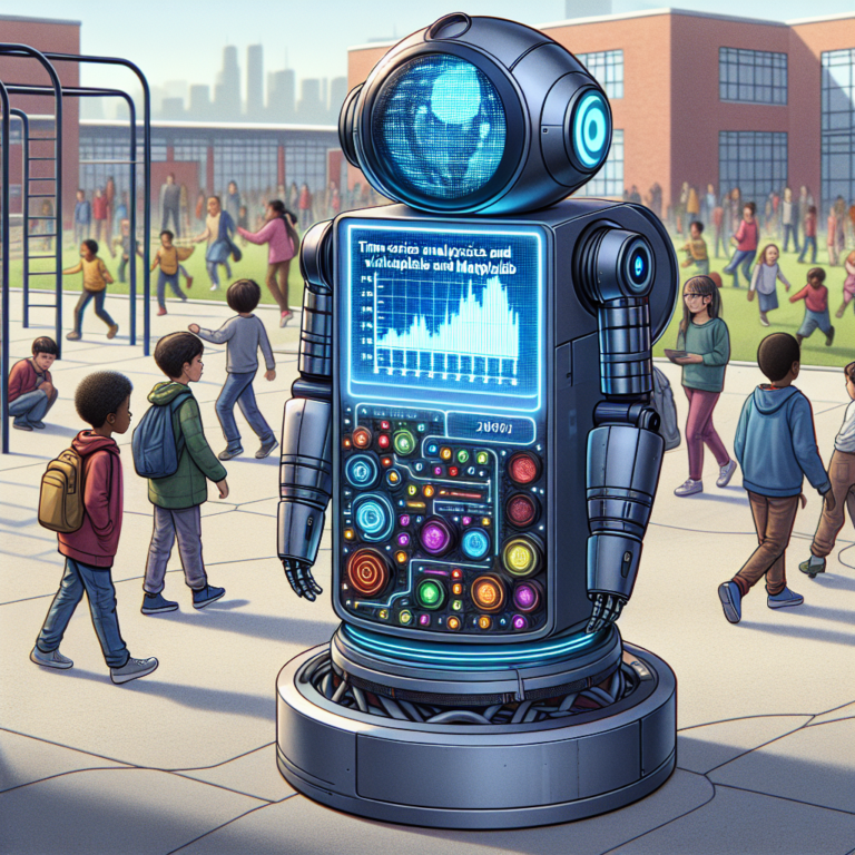 a explorer robot is implementing a tutorial with the title: time series analysis and visualization using pandas and matplotlib in a schoolyard