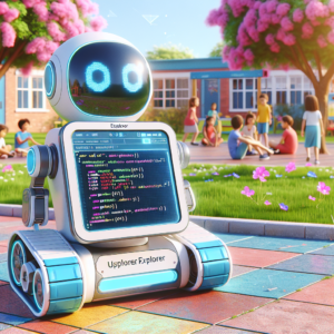 a explorer robot is implementing a tutorial with the title: user interaction features in python dashboards in a schoolyard