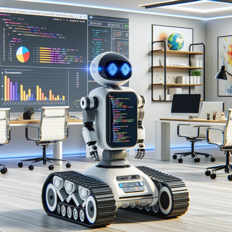 a explorer robot is presenting a tutorial with the title: how to visualize data for exploratory analysis using python libraries in a office