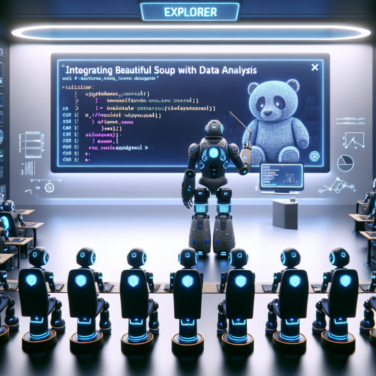 a explorer robot is presenting a tutorial with the title: integrating beautiful soup with pandas for data analysis in a class