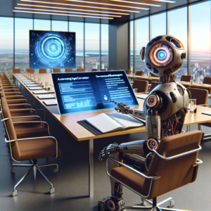 a explorer robot is reading a tutorial with the title: automating image correction and enhancement using opencv in a conference room