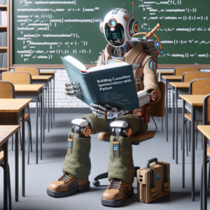 a explorer robot is reading a tutorial with the title: building custom system administration tools with python in a class