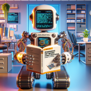 a explorer robot is reading a tutorial with the title: managing network configurations with python: an in depth tutorial in a office