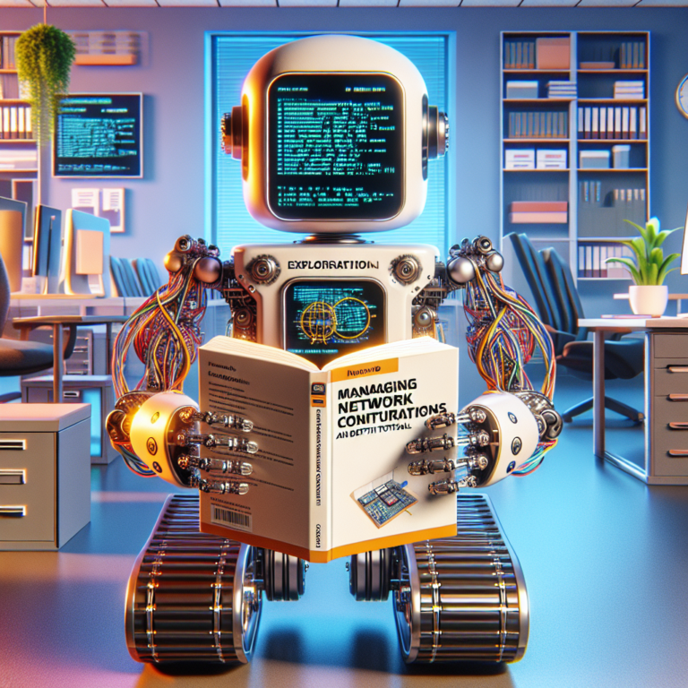 a explorer robot is reading a tutorial with the title: managing network configurations with python: an in depth tutorial in a office