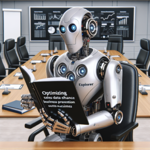 a explorer robot is reading a tutorial with the title: optimizing sales data to enhance business presentation outcomes in a boardroom