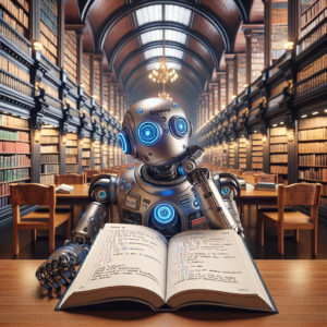 a explorer robot is reading a tutorial with the title: streamlining data backup processes with python scripts in a library
