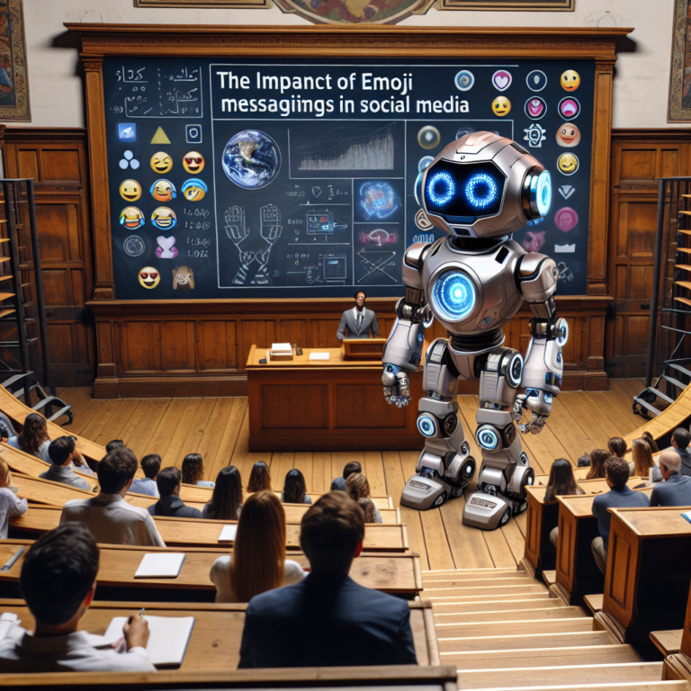 a explorer robot is teaching a tutorial with the title: the impact of emoji on messaging and tone in social media in a lecture hall