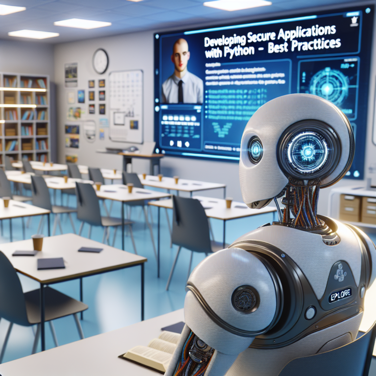 a explorer robot is watching a tutorial with the title: developing secure applications with python: best practices in a class