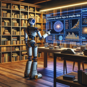 a explorer robot is watching a tutorial with the title: dimensionality reduction techniques to simplify complex data in a study room
