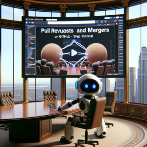 a explorer robot is watching a tutorial with the title: mastering pull requests and merges on github: a step by step tutorial in a boardroom