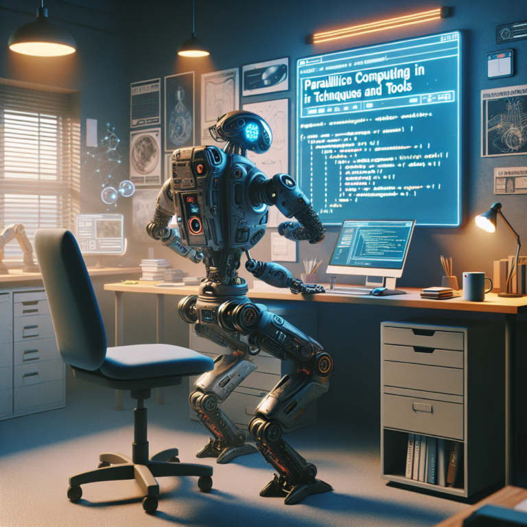 a explorer robot is watching a tutorial with the title: parallel computing in python: techniques and tools in a office