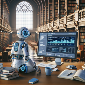 a explorer robot is watching a tutorial with the title: the impact of machine learning bias on fake news detection accuracy in a library