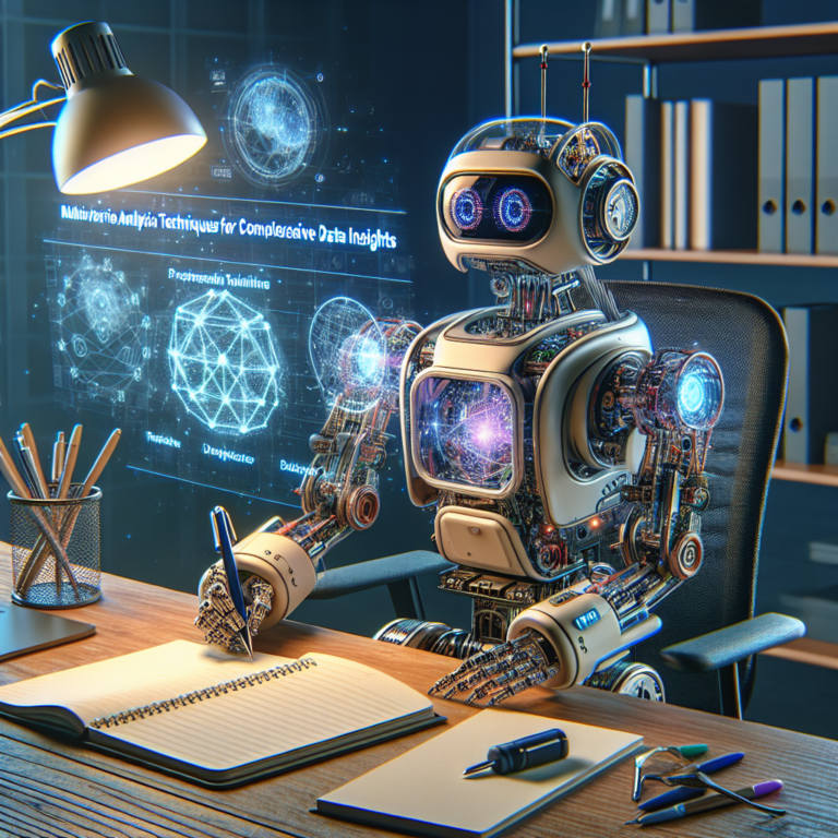 a explorer robot is writing a tutorial with the title: multivariate analysis techniques for comprehensive data insights in a office