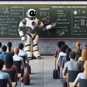 a explorer robot is writing a tutorial with the title: python basics for journalists: variables, loops, and functions in a class