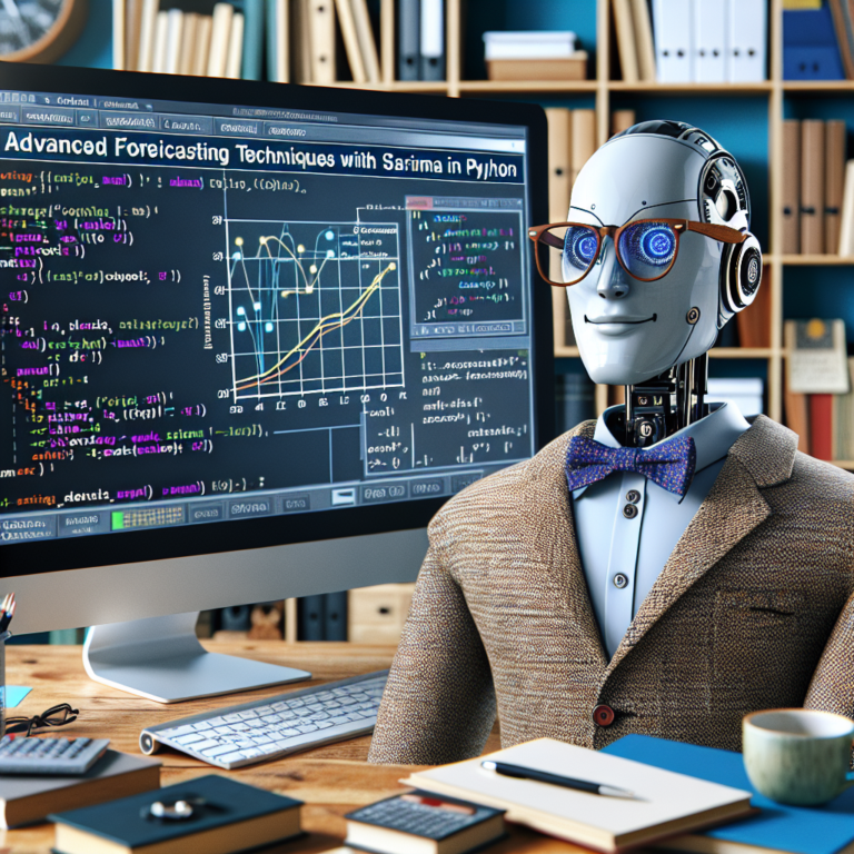 a professor robot is designing a tutorial with the title: advanced forecasting techniques with sarima in python in a office