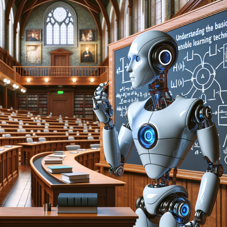 a professor robot is designing a tutorial with the title: understanding the basics of ensemble learning techniques for beginners in a lecture hall