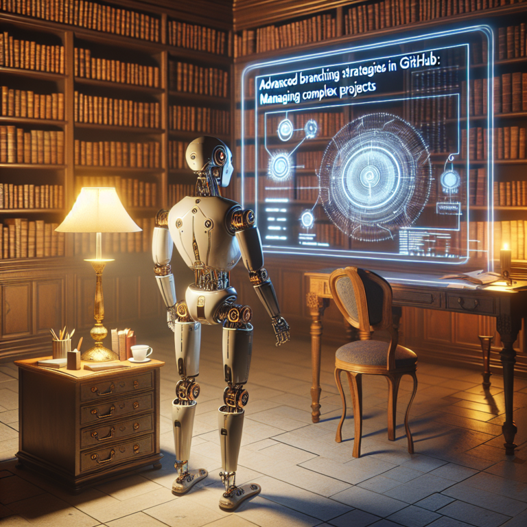 a professor robot is developing a tutorial with the title: advanced branching strategies in github: managing complex projects in a study room