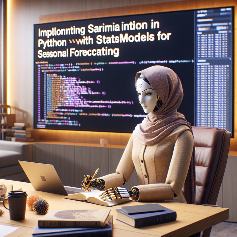 a professor robot is developing a tutorial with the title: implementing sarima in python with statsmodels for seasonal forecasting in a conference room