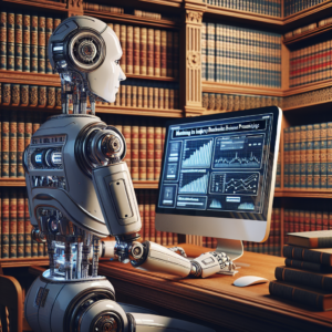 a professor robot is developing a tutorial with the title: mastering the art of using industry benchmarks in business presentations in a study room