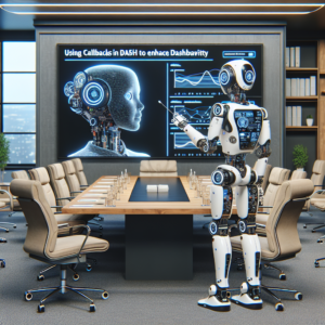 a professor robot is developing a tutorial with the title: using callbacks in dash to enhance dashboard interactivity in a conference room