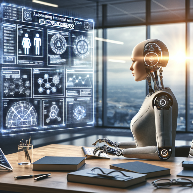 a professor robot is following a tutorial with the title: automating financial reports with python: techniques and tools in a boardroom