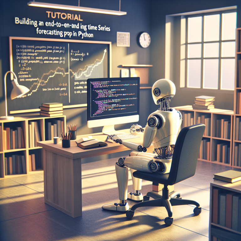 a professor robot is following a tutorial with the title: building an end to end time series forecasting project in python in a office