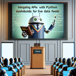 a professor robot is following a tutorial with the title: integrating apis with python dashboards for live data feeds in a conference room