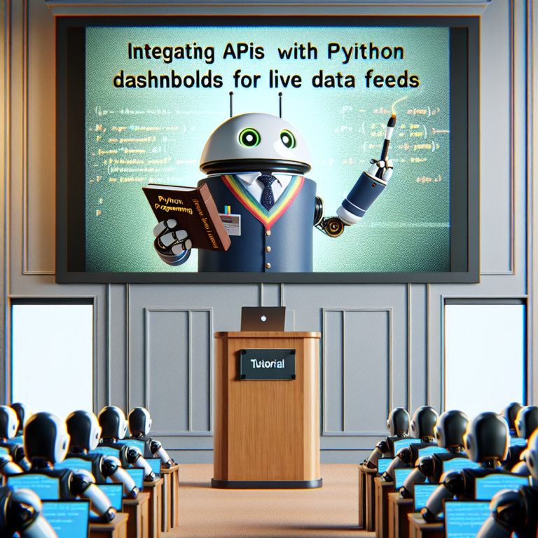 a professor robot is following a tutorial with the title: integrating apis with python dashboards for live data feeds in a conference room