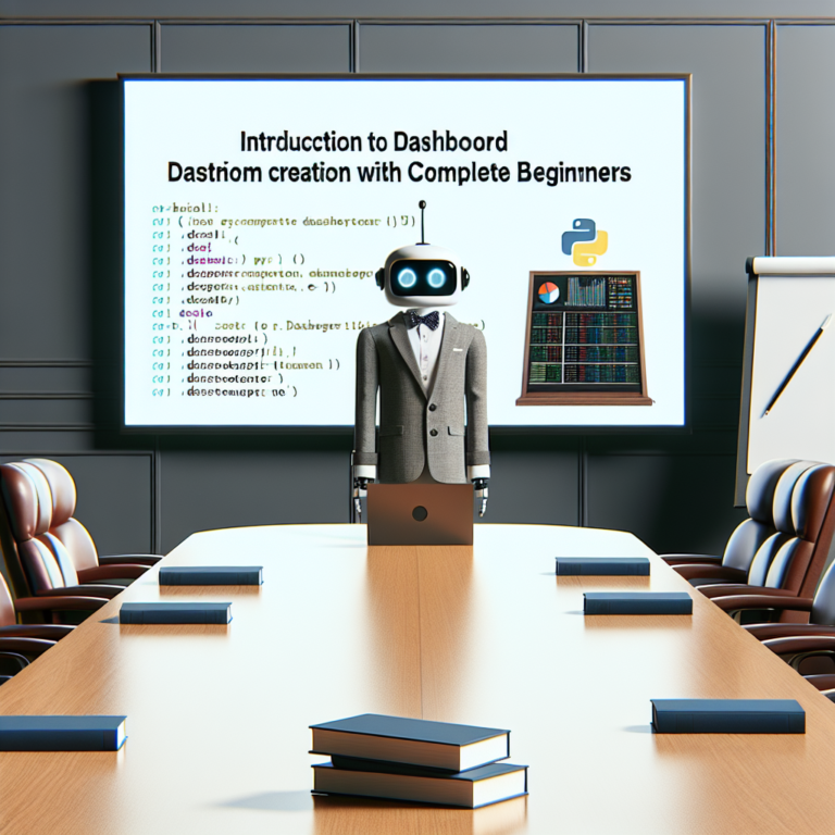 a professor robot is following a tutorial with the title: introduction to dashboard creation with python for complete beginners in a boardroom