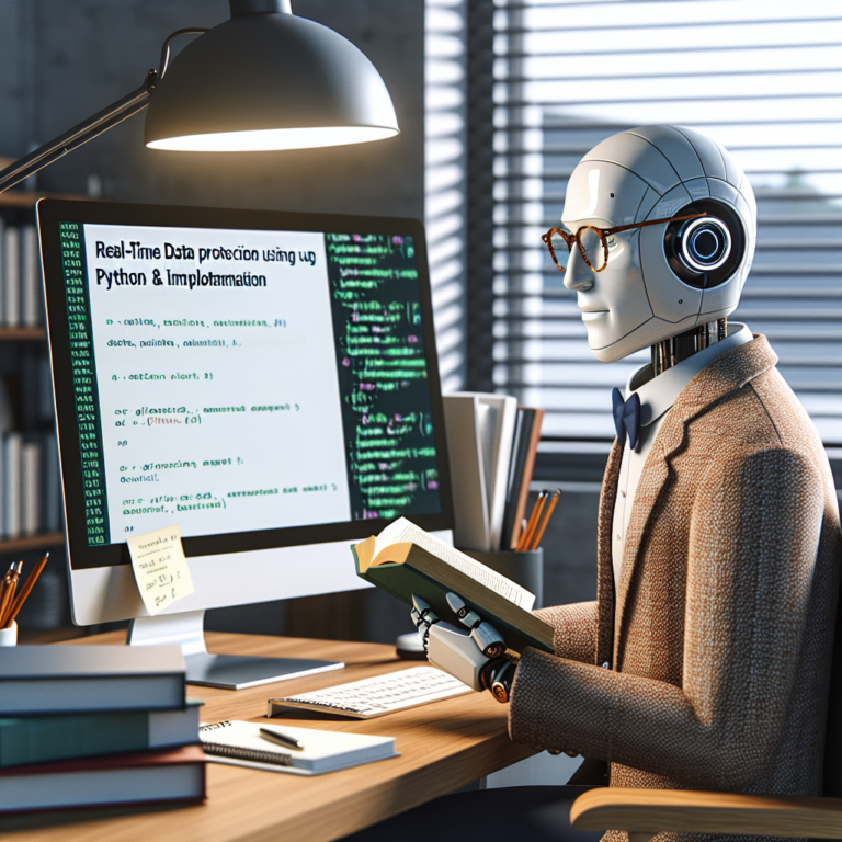 a professor robot is following a tutorial with the title: real time data protection using python: strategies and implementation in a office