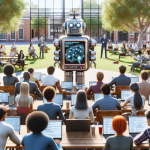 a professor robot is implementing a tutorial with the title: applying machine learning to network analysis with python in a schoolyard