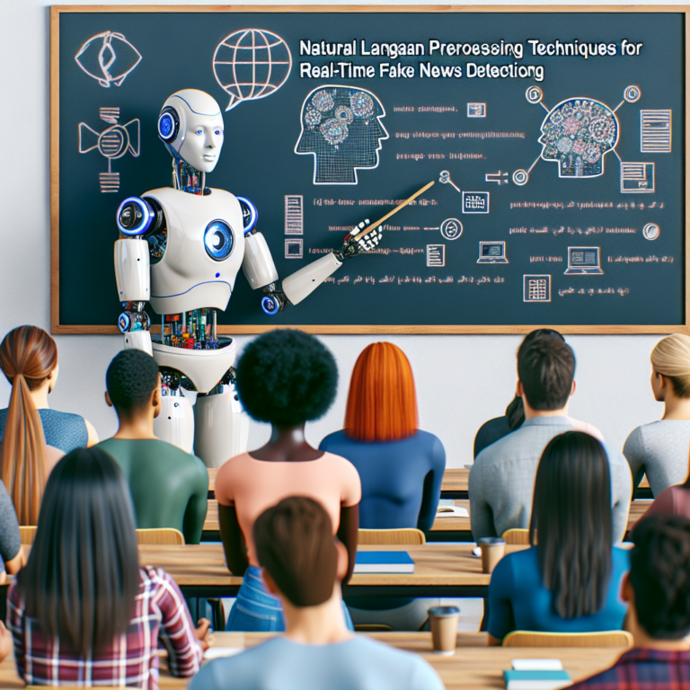 a professor robot is implementing a tutorial with the title: natural language processing techniques for real time fake news detection in a class