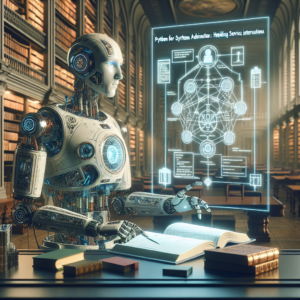 a professor robot is implementing a tutorial with the title: python for system administrators: handling service interruptions in a library