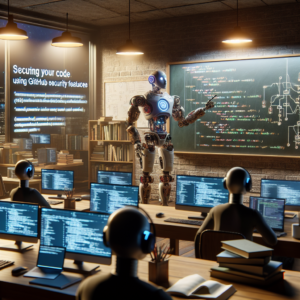 a professor robot is implementing a tutorial with the title: securing your code: best practices for using github security features in a study room