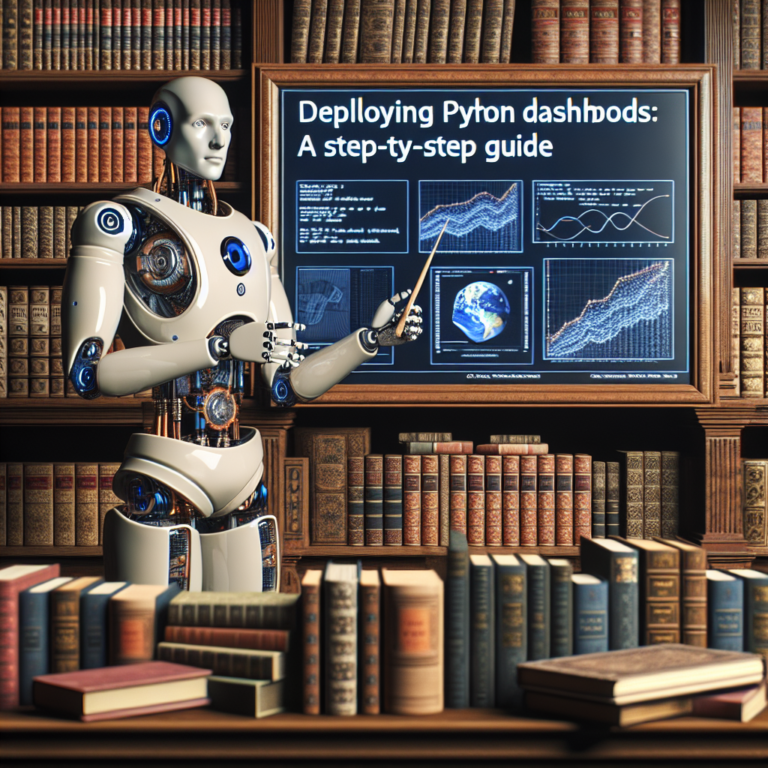 a professor robot is presenting a tutorial with the title: deploying python dashboards: a step by step guide in a library