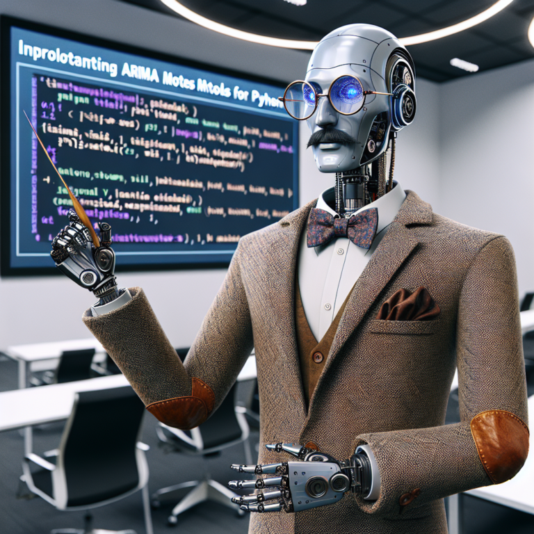 a professor robot is presenting a tutorial with the title: implementing arima models in python for time series prediction in a conference room