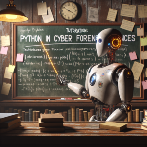 a professor robot is presenting a tutorial with the title: python in cyber forensics: techniques for data recovery in a study room