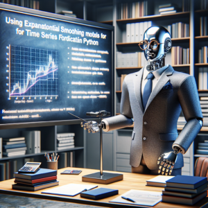 a professor robot is presenting a tutorial with the title: using exponential smoothing models for time series forecasting in python in a office